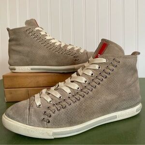 Prada Perforated Lace Up High Top Sneakers in Gray Suede